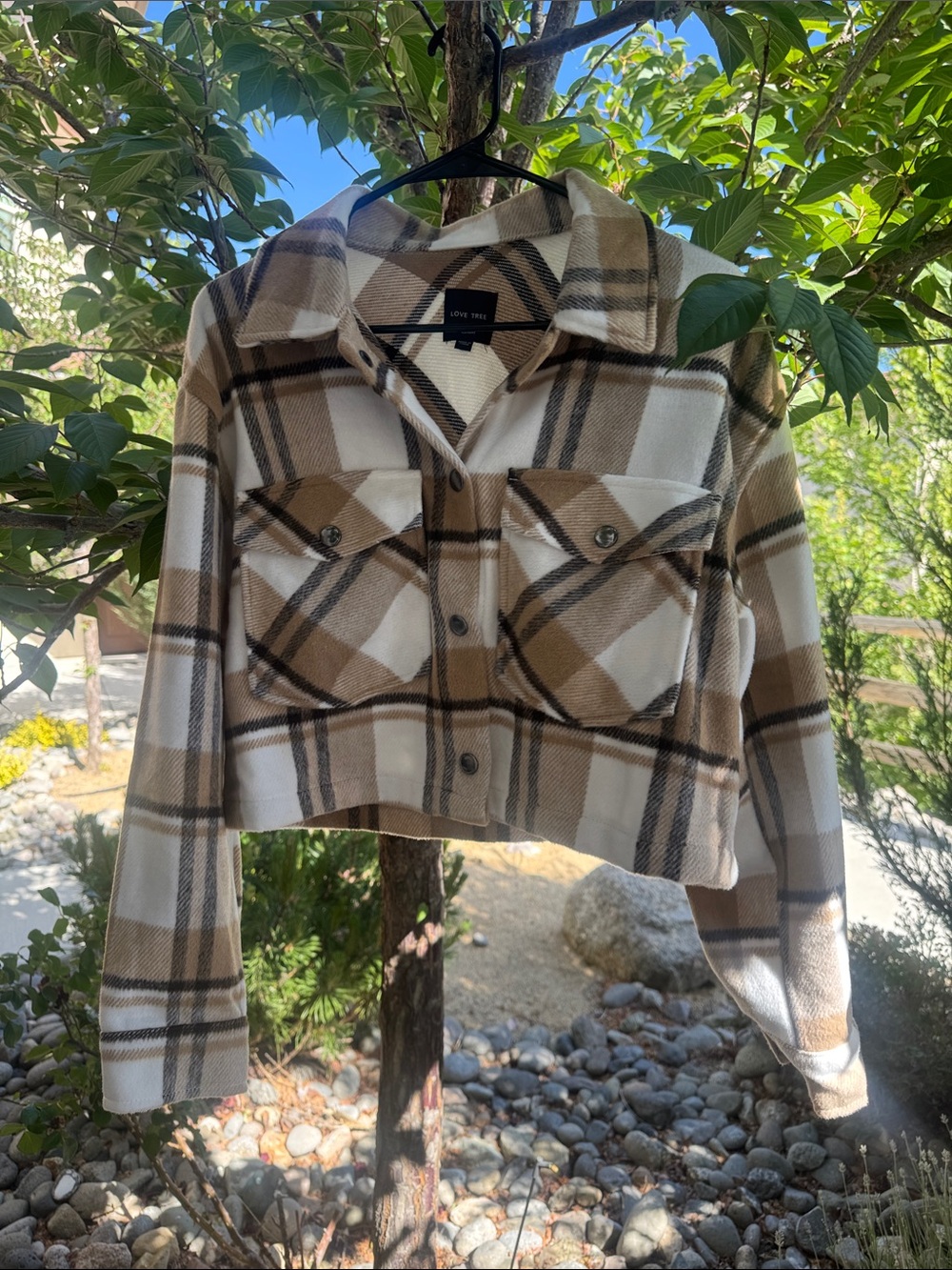 Love Tree Plaid Cropped Shacket in Cream, Tan & Black